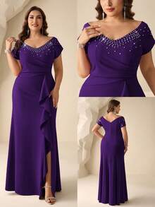 Coutiva Plus Size Solid Color Rhinestone Decorated V-Neck Short Sleeve Mother Of The Bride Dress - Purple - View 5