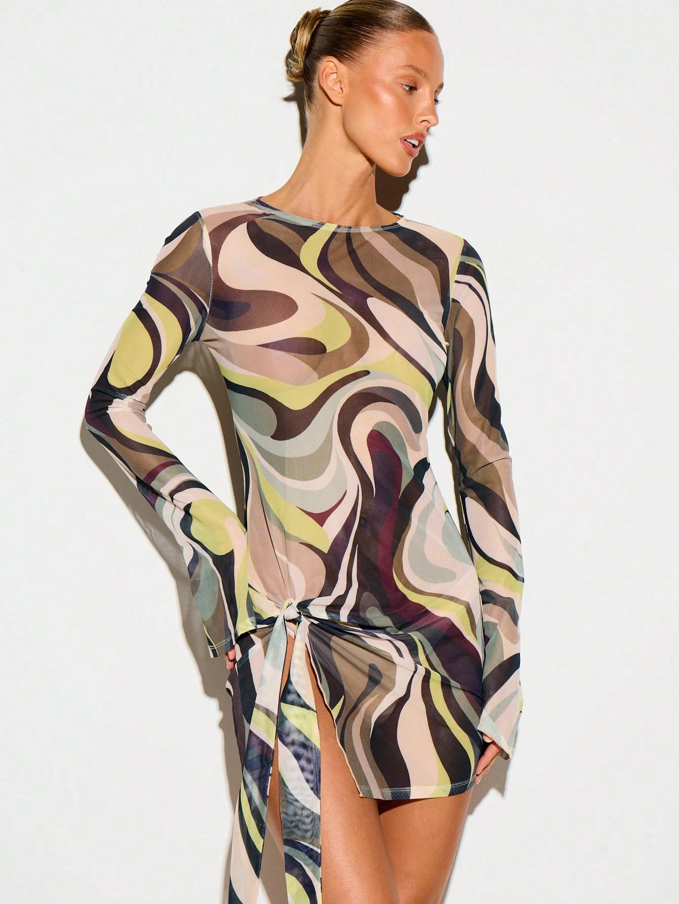 Swirl Print Boat Neck Tie Mini Dress