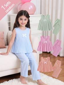 1 Set Randomly Sent Girls Toddler Multiple Colors Rose Pink Blue Green Orange Bubble Vertical Stripe Round Neck Pleated A-Line Tank Top With Bow Long Pants Set - Multicolor - View 7