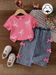 SHEIN Playful Pals 嬰兒/幼兒(女童)粉色螺紋針織短袖T恤上衣 & 藍色長褲蝴蝶結套裝，時尚休閒蝴蝶結女童套裝 - 粉色 - 查看 7
