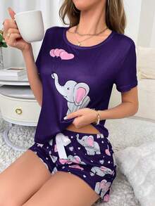 SHEIN Cute Elephant Heart 2 Pieces Women's Pajama Set - Multicolor - View 3