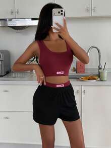 ZzzCrew Vibrant Contrast Color High Elasticity Soft Ribbed Texture Camisole & Shorts Pajama Set For Women - Multicolor - View 3