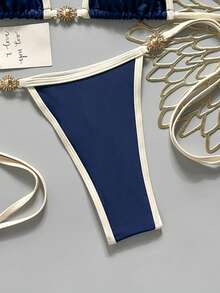 Bonvoyette Conjunto de bikini de triángulo con cuello halter sexy para mujer con accesorios de sol para vacaciones en la playa - Azul Marino - Ver 8