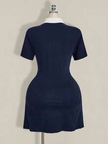 SHEIN ICON 女款大尺碼 POLO 領黑白對比迷你洋裝 - 藏蓝色 - 查看 4