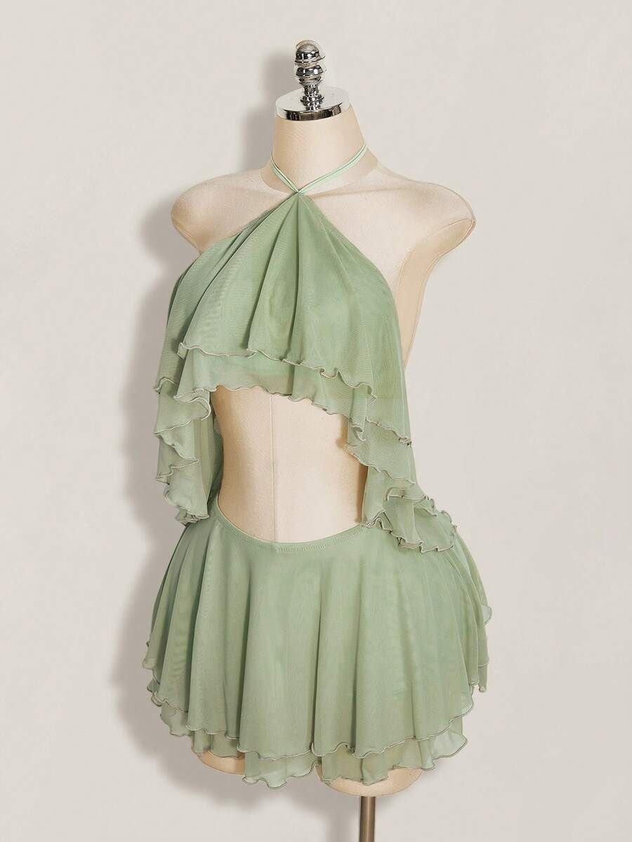 SHEIN ICON 女款多層荷葉邊掛脖露背性感洋裝 - 薄荷綠 - 查看 1