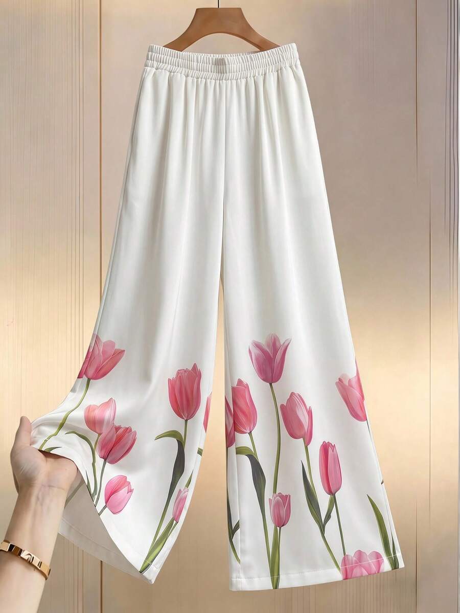 Miaspire Middle-Aged & Elderly Women's Clasic Elastic Waist Tulip Flower Pattern Straight Leg Pants,Mother Of The Bride Elegant Floral Loose Summer Trousers - White - View 1