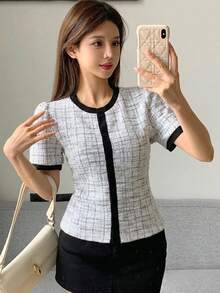 DAZY 春夏秋圓領泡泡短袖白色粗花呢格紋修身女款T恤 - 灰色 - 查看 7