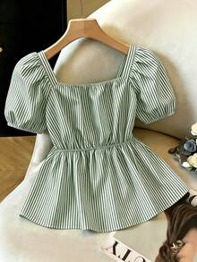 de mujer nueva con rayas azules, lazo delantero, mangas abullonadas, cintura ceñida y bajo tipo paraguas, top de manga corta para salidas, desplazamientos, vacaciones, días festivos, uso casual, formal, academia y uso diario - Verde - Ver 2