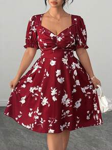 Elenzga Plus Size Women Elegant Front Pleated Waist Cinched Short Sleeve Dress - Burgundy - View 4