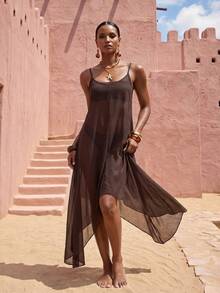 Zivah Women's Brown Long Strap Beach Cover-Up Dress, Featuring Bottom Collar And Asymmetrical Hem, Suitable For Various Occasions Including Music Festivals, St. Patrick's Day, Valentine's Day, Dates, Western Theme, And Nomad Style - Brown - View 4