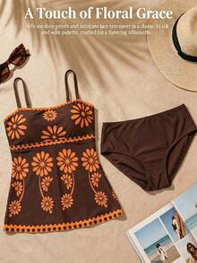SHEIN Swim 2 piezas Conjunto de bikini con estampado floral verde de alta elasticidad para mujer, incluye parte superior tipo bandeau con estampado floral y Bottom triangular de unicolor, conjunto de bikini elegante para fiestas de playa de primavera/verano - Multicolor - Ver 6