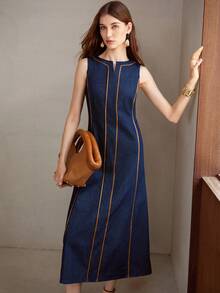 MOTF PREMIUM VESTIDO DE MEZCLILLA SIN MANGAS CON RIBETE DE CONTRASTE PARA MUJER - Azul - Ver 6