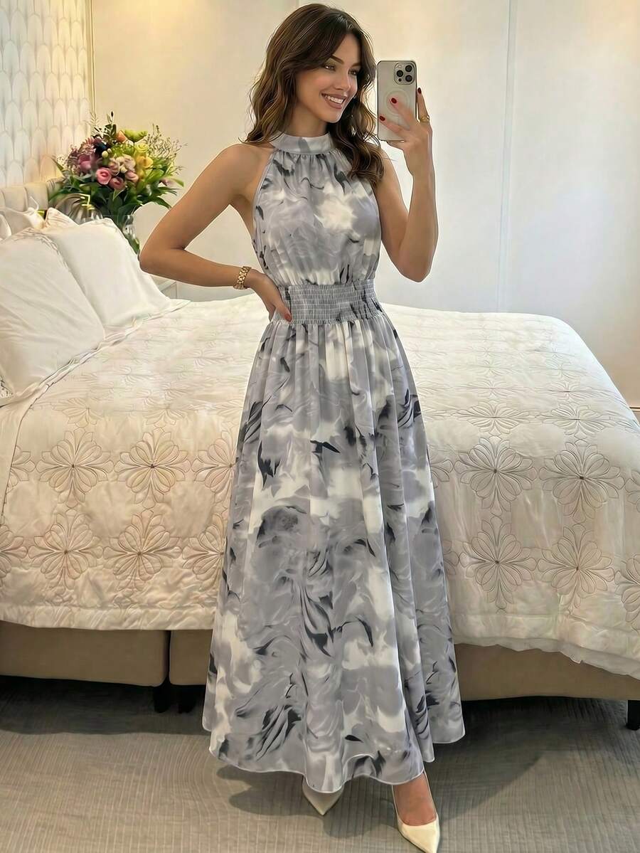 Modelyn 女款灰色白色水墨抽象印花長洋裝,優雅法式掛脖高領無袖絲滑飄逸A字裙,適合海灘度假 - 黑色 - 查看 1