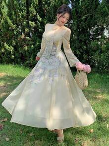 Modelyn 女款繫帶腰部抽褶印花長袖洋裝 - 黃色 - 查看 8