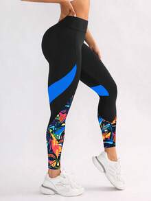 SHEIN Sports 女款眼睛印花口袋緊身褲，適用於日常健身與運動 - 彩色 - 查看 5