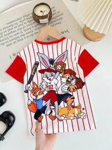 Baby Girl Casual Comfortable Cute Cartoon Animal Print & Striped Patchwork Short Sleeve Dress,Kids - Red - View 4