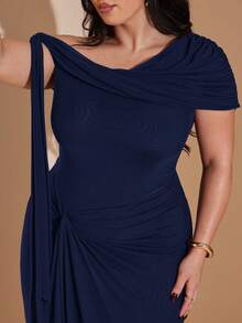 SHEIN BAE Plus Size Women's Coffee Brown Mesh Asymmetrical Asymmetrical Shoulder Dress, Elegant Valentine's Day Dress - Navy Blue - View 7
