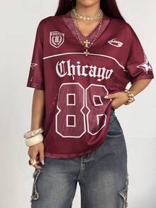 Coolane 女款春夏 Y2K 街頭風復古透氣網眼圖案數字印花足球 T-shirt - 酒紅色 - 查看 5