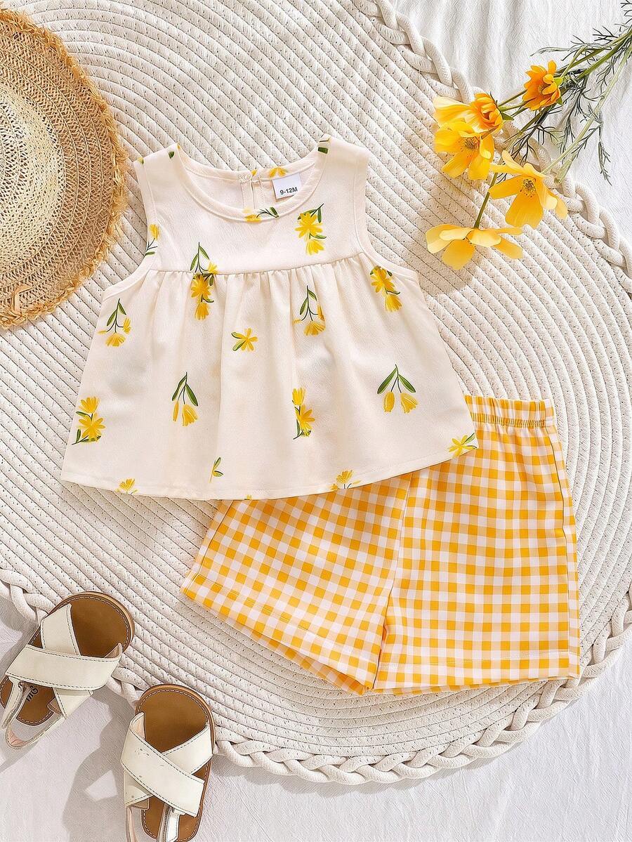 SHEIN Playful Pals 女嬰兩件式夏季圓領無袖上衣與紅色短褲套裝,清新紅白配色對比,梭織面料,寬鬆版型,甜美優雅田園風,滿版櫻桃印花,活潑可愛,適合日常出遊、上學通勤、參加派對、生日派對及度假旅行 - 黃色 - 查看 1