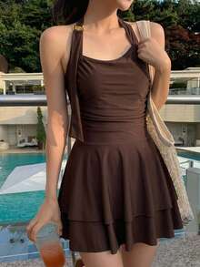 Livesso 女款金屬扣褶皺時尚荷葉邊下擺掛脖式一件式泳衣 - 咖啡棕 - 查看 3