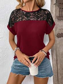 EMERY ROSE Women's Designer Street Style Lace Patchwork Contrast Color Round Neck T-Shirt - Burgundy - View 5