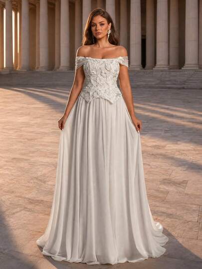 Glamrae Đầm nữ dáng chữ A thanh lịch tối giản trễ vai màu kem, chất liệu satin, corset định hình có gọng, thiết kế hoa 3D xếp ly phối patchwork lãng mạn, có cổ và tay cánh tiên, phù hợp cho lễ hội, đám cưới, dạ hội, hòa nhạc, tiệc kinh doanh, sự kiện mạng xã hội, váy cưới và đầm dạ hội nữ