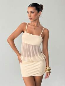 Siren Gaze White Summmer Seksi Chic Party Night Elegant Patchwork Mesh Slip Dress For Women,High-Waisted Off-Shoulder Sleeveless Mini Dress With Pleats - Apricot - View 4