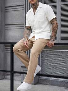 Manfinity CasualCool 2件組男士白色夏季休閒度假純色紋理短袖襯衫與抽繩腰鬆直筒長褲套裝，戶外、正式 - 彩色 - 查看 4