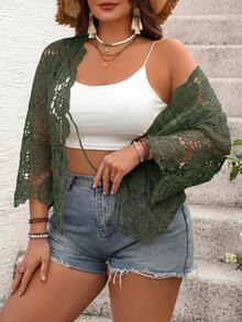 SHEIN VCAY Cárdigan de punto calado para vacaciones talla grande - Verde militar - Ver 5