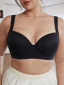 Slumbrini Sujetador sin costuras con aro de talla grande de color liso minimalista - Negro - Ver 10