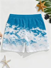 VIVINTIMO 度假風椰子樹與雲朵印花沙灘褲，清爽藍白漸層搭配精緻椰子樹剪影，視覺涼感且辨識度高，穿上椰子林印花沙灘褲享受清爽海邊之旅，展現夏季活力風格，適合海邊度假與沙灘漫步 - 彩色 - 查看 3