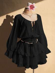 SHEIN ICON Vestido de Talla Grande con Cuello en V, Cintura con Cordones, Falda en A con Volantes, Vestido Bohemio, Vacaciones, Adecuado para Primavera - Negro - Ver 4
