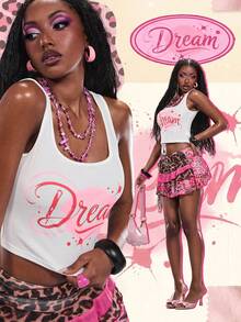 Modviera 2026SS New Millennium Hot Girl Y2K Retro Letter & Floral White Ribbed Tank Top For Women - White - View 4