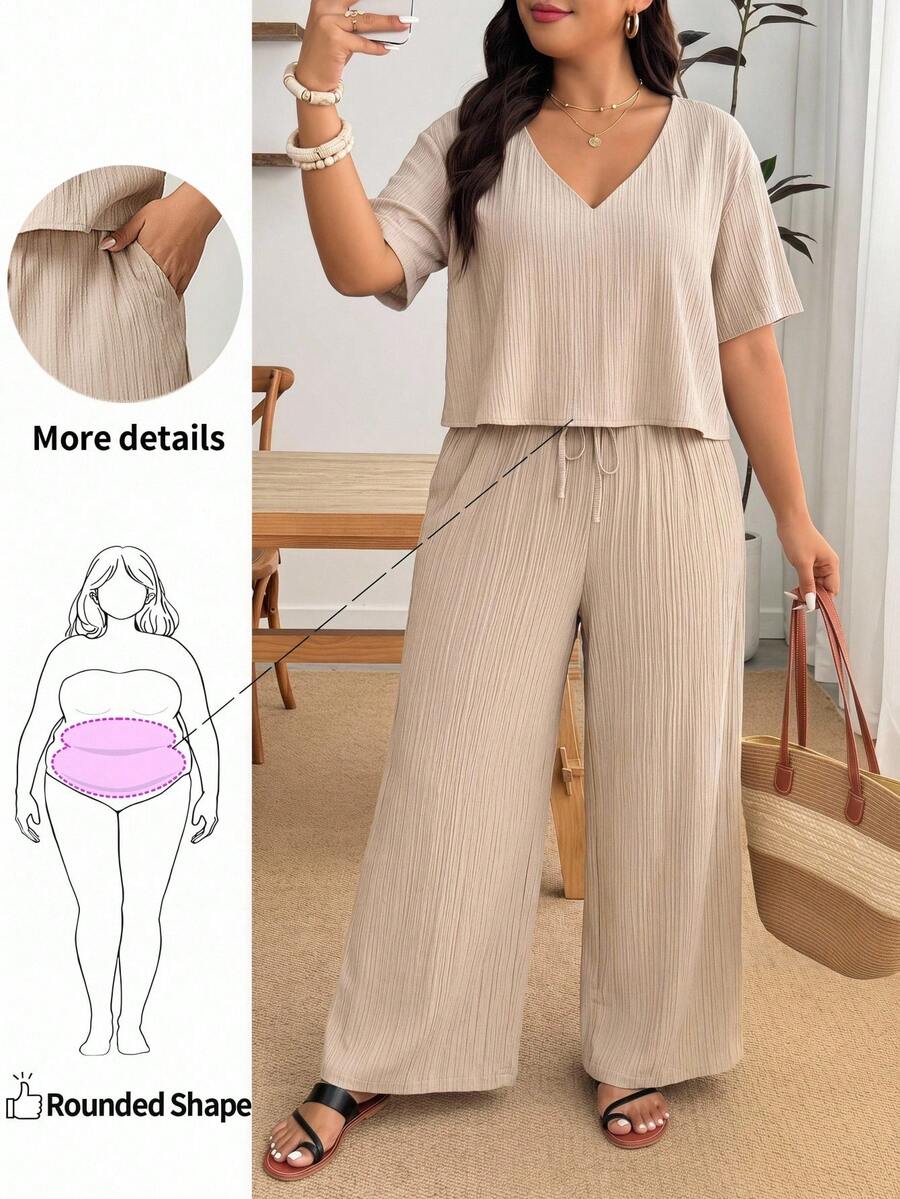 Enliva Plus Size Casual Textured Short Sleeve Top And Pants 2 Pieces Set, Suitable For Daily Wear And Vacation - Khaki - View 1