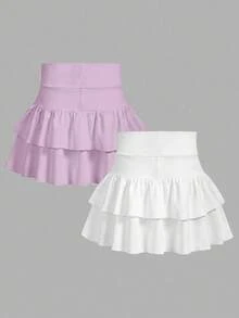 2 paquetes de minifalda de punto de unicolor con volantes en capas y pantalones cortos integrados para niñas preadolescentes, Y2K, niñas con personalidad de moda, regreso a la escuela - Multicolor - Ver 3