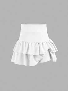 2 paquetes de minifalda de punto de unicolor con volantes en capas y pantalones cortos integrados para niñas preadolescentes, Y2K, niñas con personalidad de moda, regreso a la escuela - Multicolor - Ver 7