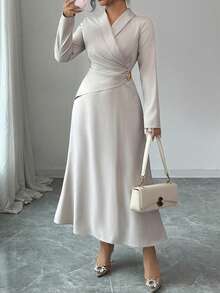 Modelyn Plus Size Elegant Commuter Solid Color Wrap Waist Long Dress Fall - Khaki - View 7