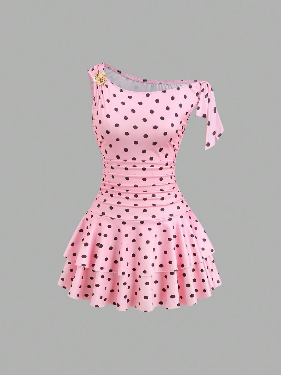 Sweetra Women's Polka Dot Print Pleated Metallic Decor Summer Dress - Pink - View 1