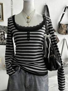 Lalippa Women's Striped Contrast Lace Button Design Long Sleeve Casual T-Shirt - Multicolor - View 1