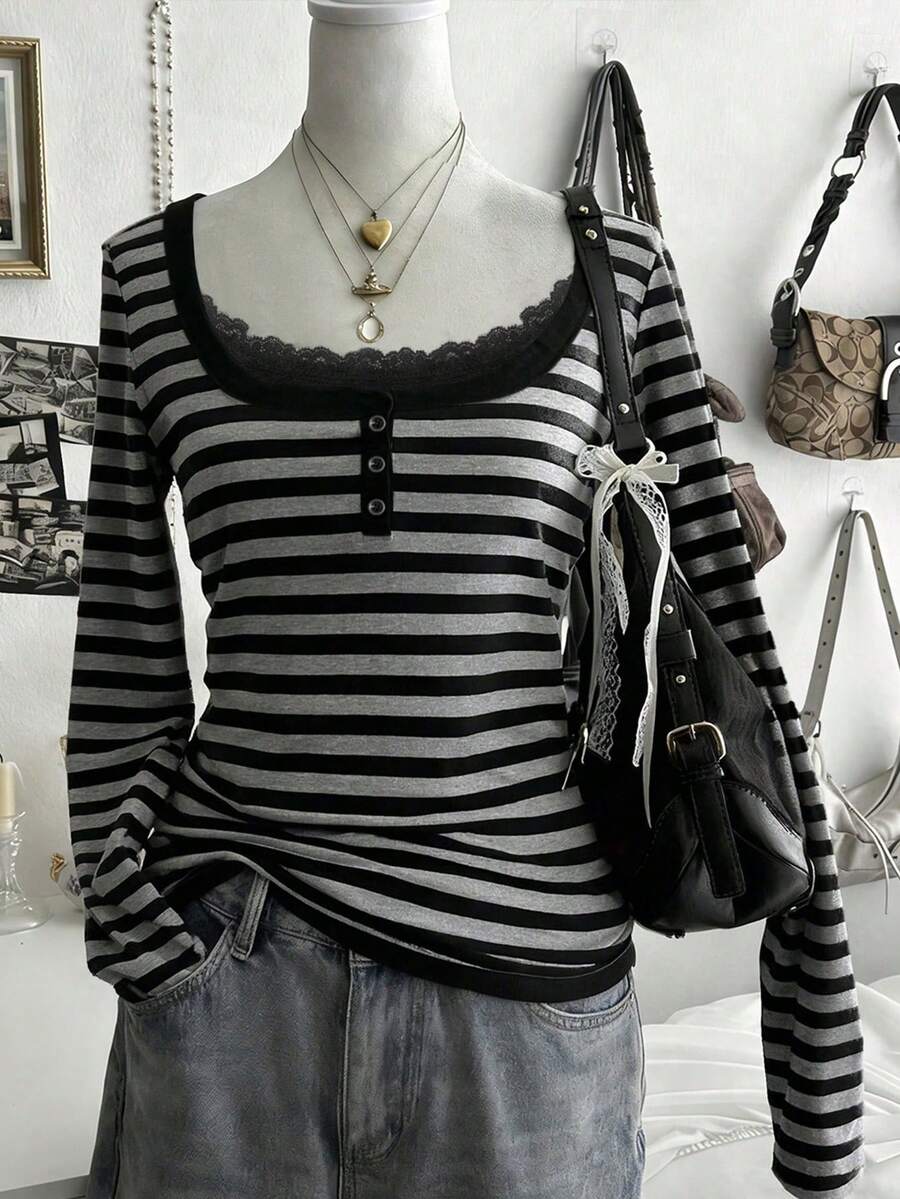 Lalippa Women's Striped Contrast Lace Button Design Long Sleeve Casual T-Shirt - Multicolor - View 1