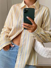 DAZY 條紋寬鬆刺繡長袖休閒度假夏季女款襯衫校園風 - 黃色 - 查看 3