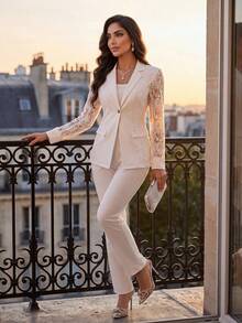 Auveirra Four Seasons White Suit Suit Set Lace Splicing Suit Set Women's Suit Set In Fall/Winter Summer - White - View 3