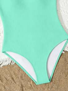 SHEIN Baju Renang Terusan Kasual Lucu Warna Hijau Mint dengan Kerah Bulat Bergaris untuk Remaja Perempuan, Cocok untuk Berenang di Musim Panas - Mint Green - View 5