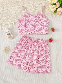 Bộ đồ ngủ 2 mảnh cho bé gái mùa hè, áo hai dây và quần short, họa tiết thỏ hoạt hình dễ thương, phong cách đơn giản thời trang, thoải mái, mát mẻ và ngọt ngào, chất mỏng trẻ trung, mặc ở nhà và dạo phố - Hồng - Xem 2