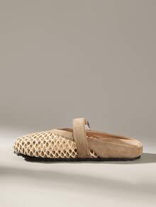 Solecia Women's Shoes Spring And Summer New Woven Upper Buckle Decorative Round Toe Design, Slip-On Dew Heel Comfortable Simple Holiday Flat Shoes - Khaki - View 9