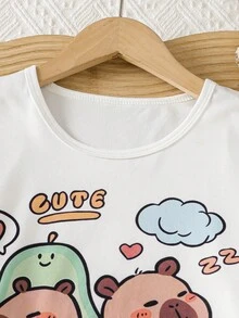 青少年女孩趣味水豚印花短袖上衣與短褲家居服 2 件套 - 白色 - 查看 3