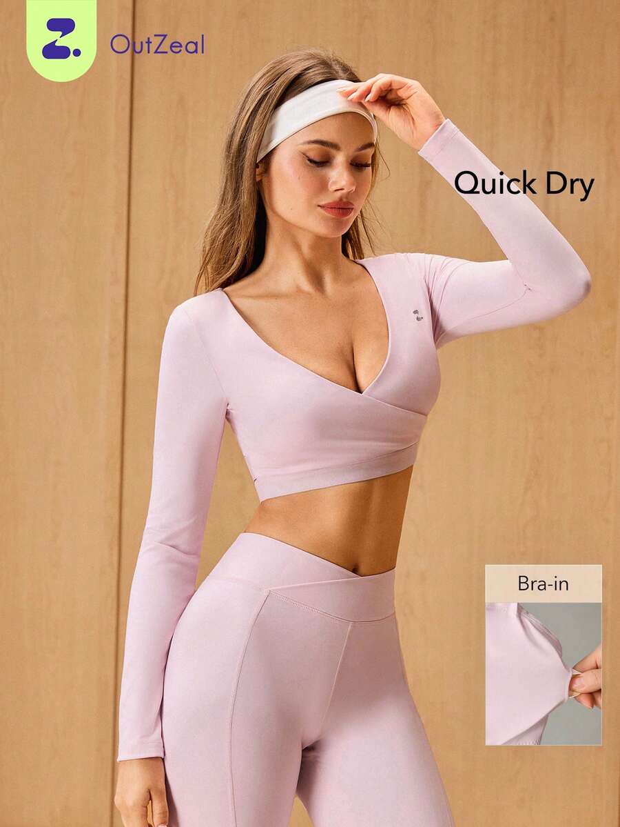 OutZeal Top deportivo para mujer rosa con sujetador integrado, ropa de yoga y pilates, secado rápido, cuello en V, manga larga, top activo para verano y primavera - Rosa - Ver 1