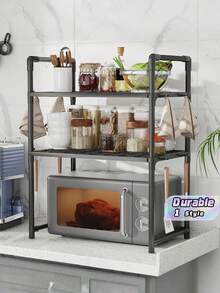 Estantería de almacenamiento de cocina multicapa (1 pieza) - Estantería de almacenamiento para horno microondas, estantería de almacenamiento ajustable con ganchos, estantería de almacenamiento de cocina, estantería de almacenamiento multifuncional, estantería de especias reforzada con barandillas y ganchos, adecuada para el almacenamiento diario en cocinas y apartamentos, y un regalo ideal para días festivos. - Multicolor - Ver 1
