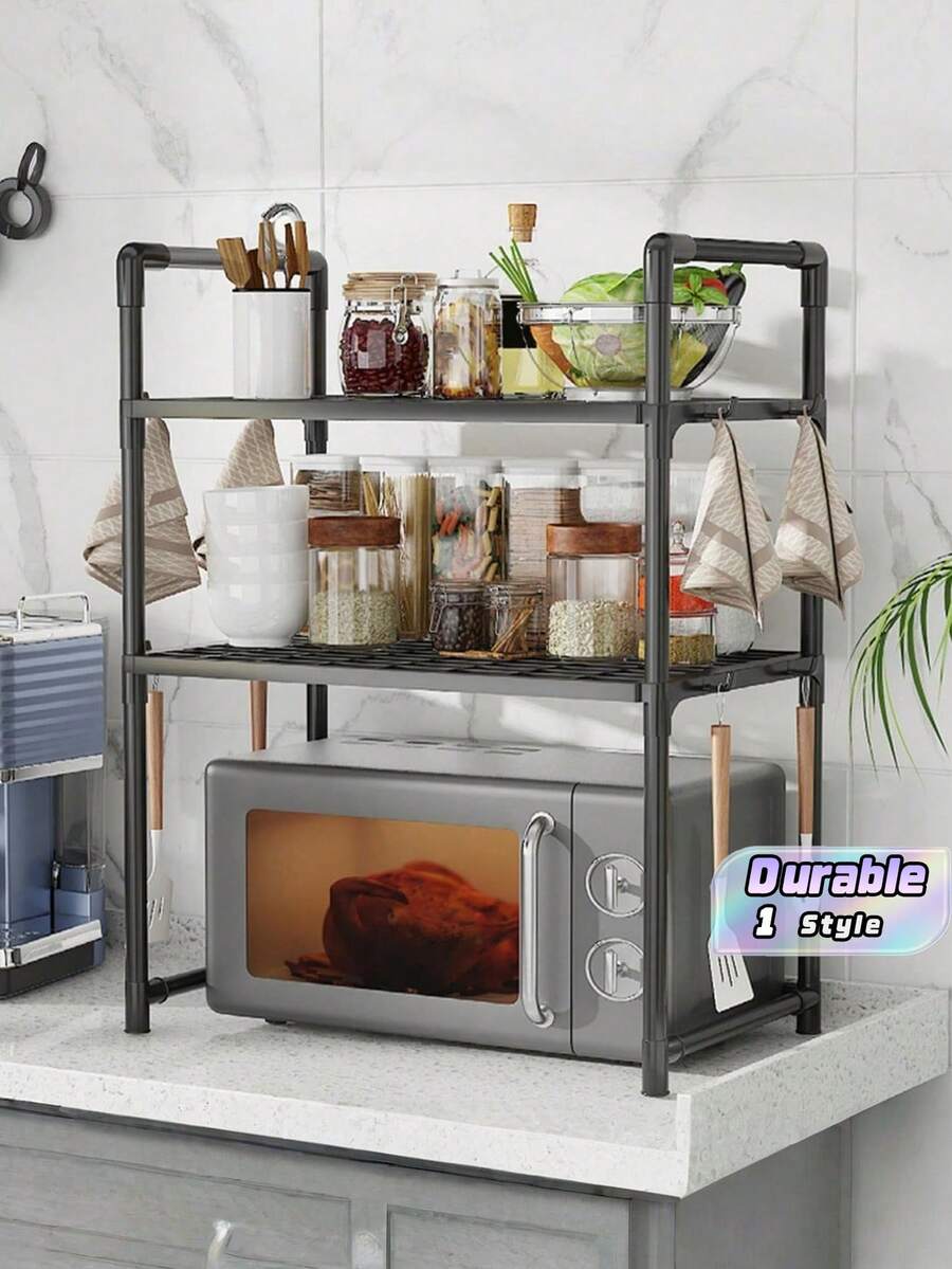 Estantería de almacenamiento de cocina multicapa (1 pieza) - Estantería de almacenamiento para horno microondas, estantería de almacenamiento ajustable con ganchos, estantería de almacenamiento de cocina, estantería de almacenamiento multifuncional, estantería de especias reforzada con barandillas y ganchos, adecuada para el almacenamiento diario en cocinas y apartamentos, y un regalo ideal para días festivos. - Multicolor - Ver 1
