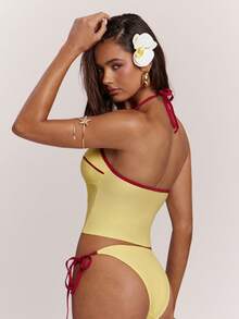 SHEIN BAE Damtankini-baddräktset för sommar och strand med knytning i nacken - Gul - Visa 2